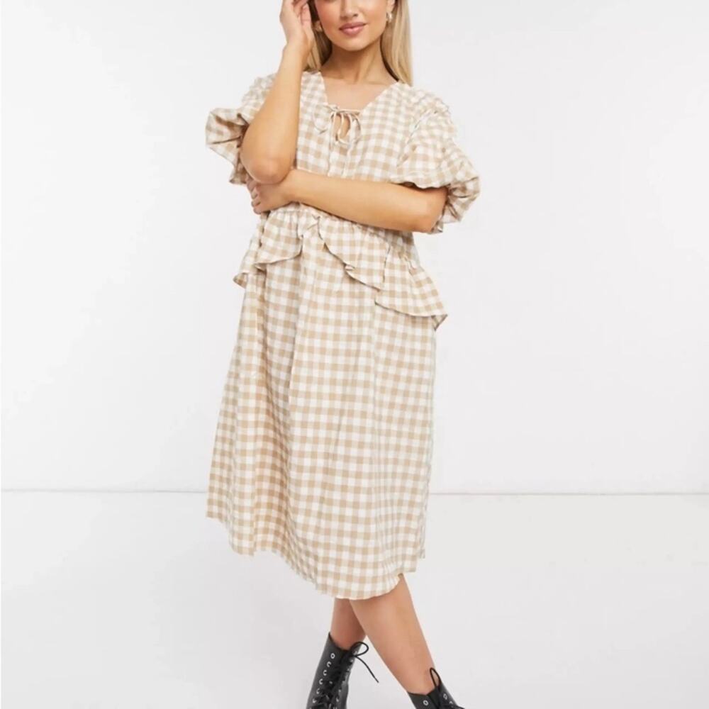 Moon River Gingham Plaid Dress M Tan Puff Sleeve Ruffle Prairie Cottagecore NWT